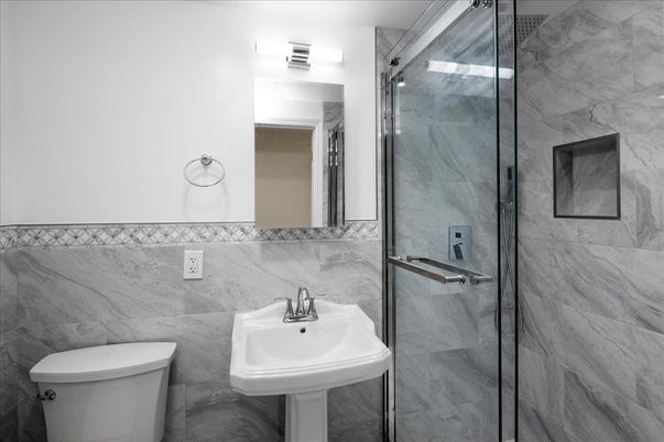 Bathroom, Free Standing Baths, Glass Shower, Interior, Marble Walls