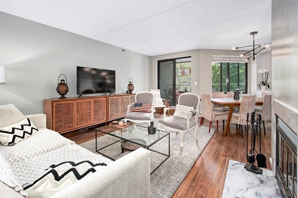 Dining room, Fireplace, Interior, Living room, Pendant Lights, Wood Texture Flooring