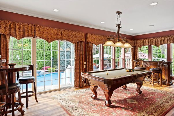 Billiard Table, Game Room, Interior, Pendant Lights, Recessed Lighting, Wood Texture Flooring
