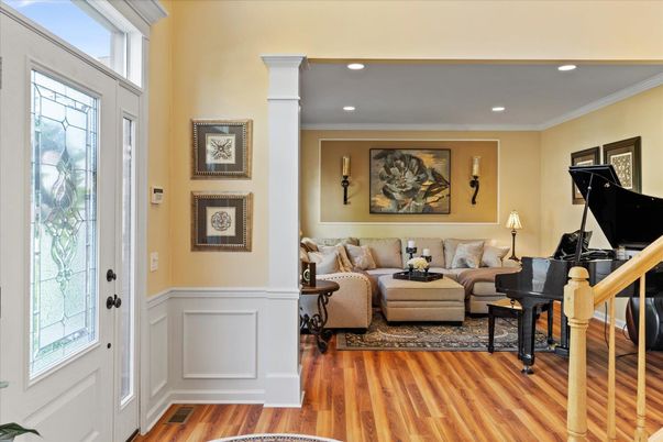 Interior, Living room, Piano, Recessed Lighting, Wood Texture Flooring