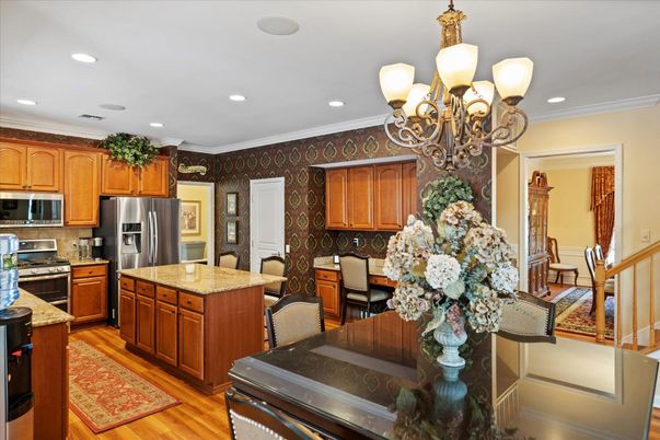 Chandelier, Interior, Kitchen, Recessed Lighting, Stainless Steel Appliances, Wood Texture Flooring