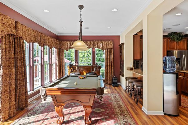 Billiard Table, Game Room, Interior, Kitchen, Pendant Lights, Recessed Lighting, Wood Texture Flooring