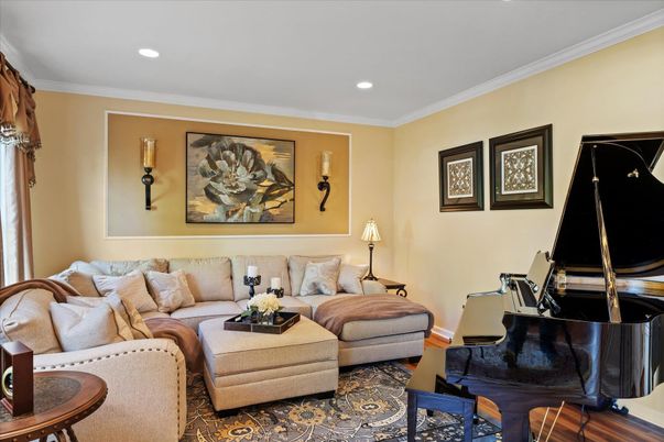 Interior, Living room, Piano, Recessed Lighting, Wood Texture Flooring
