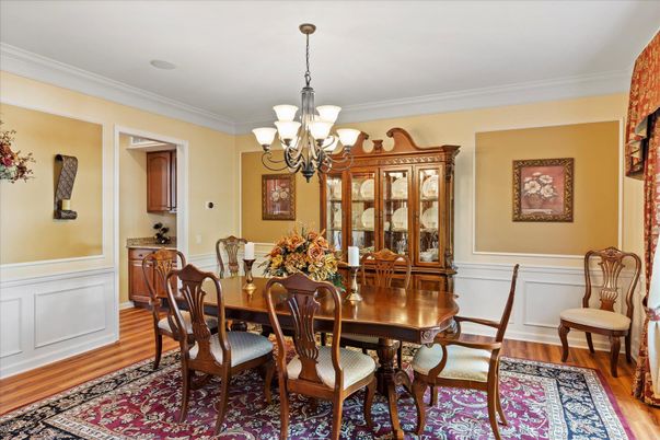 Chandelier, Dining room, Interior, Wood Texture Flooring
