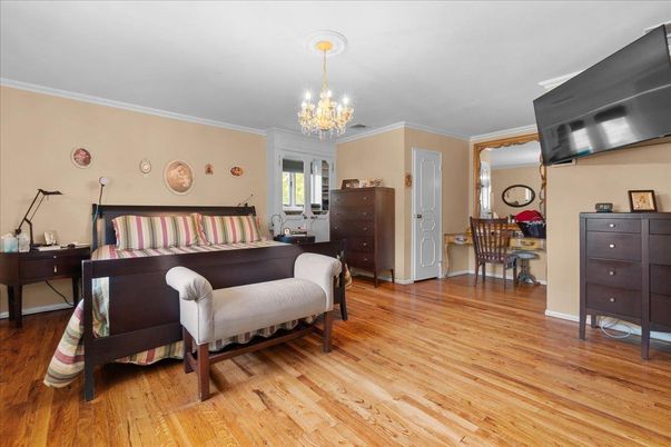Bedroom, Chandelier, Interior, Wood Texture Flooring