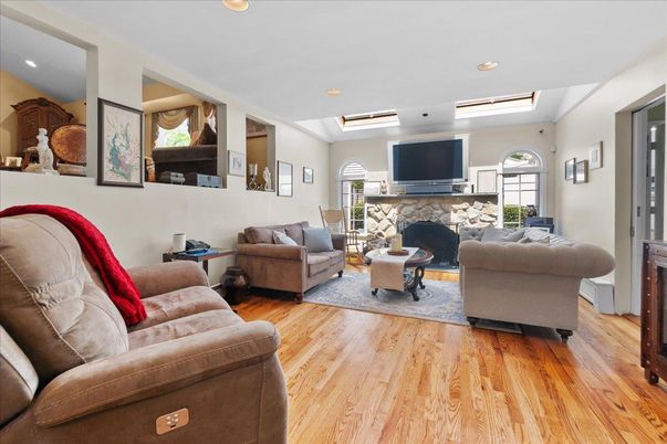 Fireplace, Interior, Living room, Recessed Lighting, Wood Texture Flooring