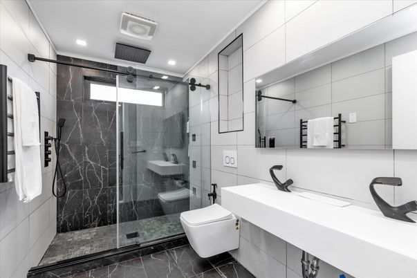 Bathroom, Glass Shower, Interior, Marble, Marble Walls, Recessed Lighting
