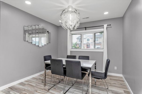 Dining room, Interior, Recessed Lighting, Wood Texture Flooring