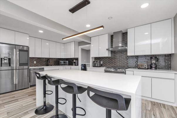 Interior, Kitchen, Pendant Lights, Recessed Lighting, Stainless Steel Appliances, Wood Texture Flooring