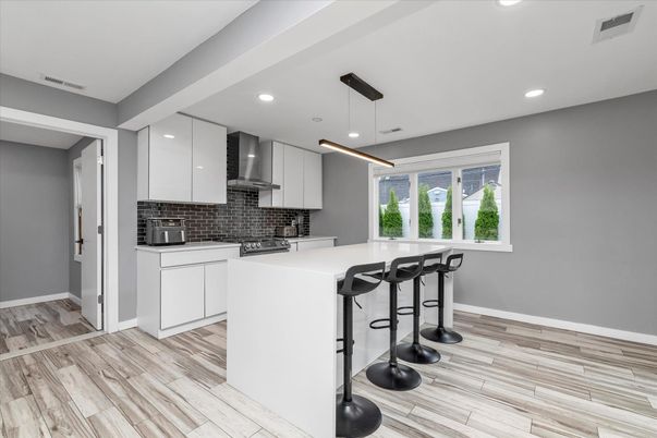 Interior, Kitchen, Pendant Lights, Recessed Lighting, Wood Texture Flooring
