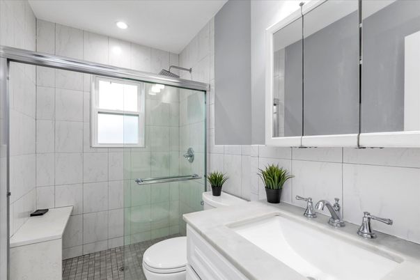 Bathroom, Glass Shower, Interior, Marble Walls, Recessed Lighting