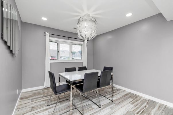 Dining room, Interior, Pendant Lights, Recessed Lighting, Wood Texture Flooring