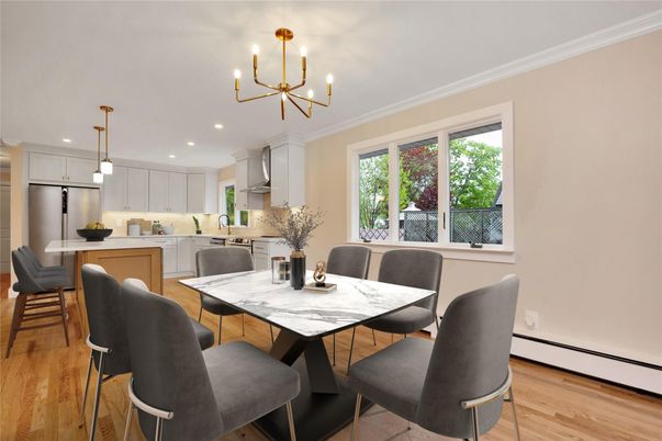 Chandelier, Dining room, Interior, Kitchen, Pendant Lights, Recessed Lighting, Stainless Steel Appliances, Wood Texture Flooring