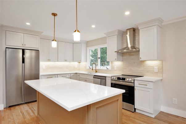 Interior, Kitchen, Pendant Lights, Recessed Lighting, Stainless Steel Appliances, Wood Texture Flooring