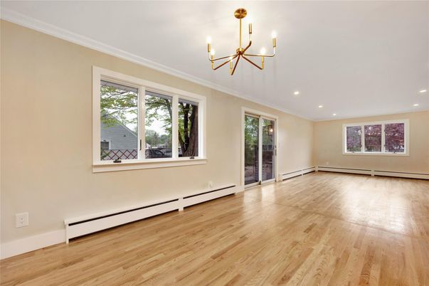 Chandelier, Empty room, Interior, Recessed Lighting, Wood Texture Flooring