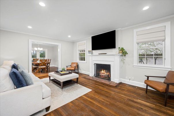 Chandelier, Dining room, Fireplace, Interior, Living room, Recessed Lighting, Wood Texture Flooring