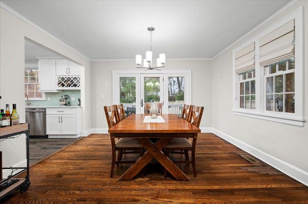 Dining room, Interior, Kitchen, Pendant Lights, Wood Texture Flooring