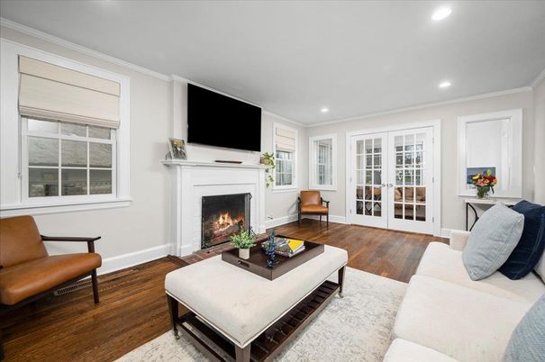 Fireplace, Interior, Living room, Recessed Lighting, Wood Texture Flooring
