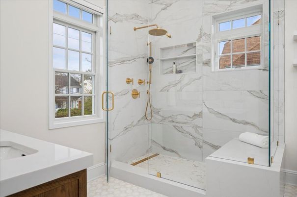 Bathroom, Glass Shower, Interior, Marble Walls