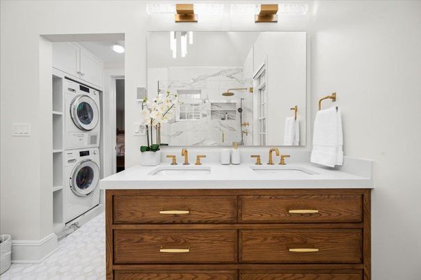 Bathroom, Dual Sink Vanities, Interior, Marble Walls, Utility Closets, Washer