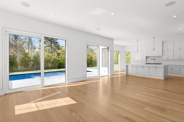 Empty room, Interior, Kitchen, Pendant Lights, Recessed Lighting, Wood Texture Flooring