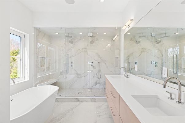 Bathroom, Dual Sink Vanities, Free Standing Baths, Glass Shower, Interior, Marble, Marble Walls, Recessed Lighting