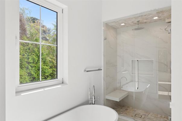 Bathroom, Glass Shower, Interior, Marble Walls, Recessed Lighting