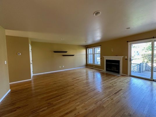 Empty room, Fireplace, Interior, Recessed Lighting, Wood Texture Flooring