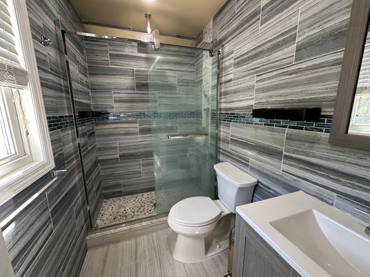 Bathroom, Glass Shower, Interior, Wood Texture Flooring