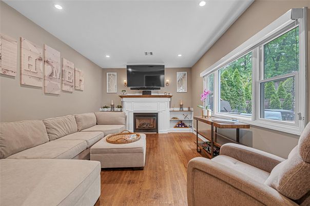 Fireplace, Interior, Living room, Recessed Lighting, Wood Texture Flooring