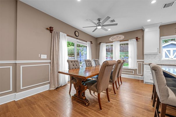 Dining room, Interior, Recessed Lighting, Wood Texture Flooring