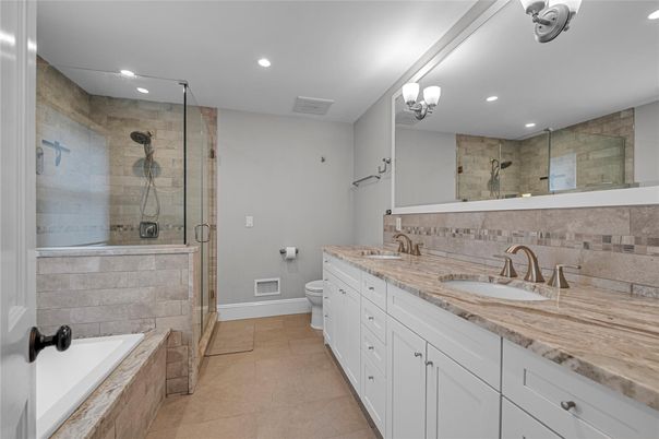 Bathroom, Dual Sink Vanities, Glass Shower, Interior, Recessed Lighting