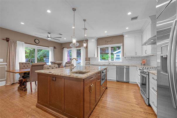 Interior, Kitchen, Pendant Lights, Recessed Lighting, Stainless Steel Appliances, Wood Texture Flooring