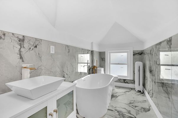 Bathroom, Free Standing Baths, Glass Shower, Interior, Marble, Marble Walls