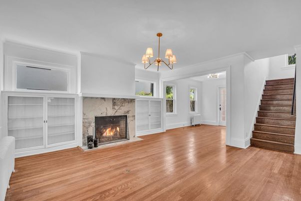 Chandelier, Empty room, Fireplace, Interior, Wood Texture Flooring
