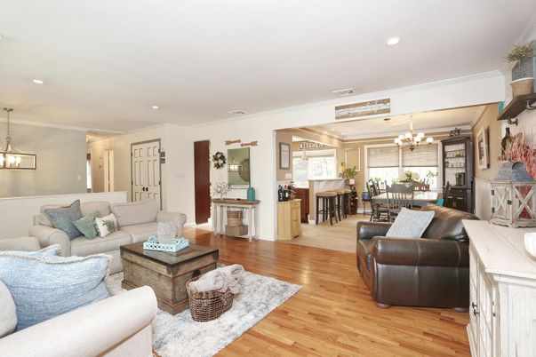 Chandelier, Dining room, Interior, Kitchen, Living room, Pendant Lights, Recessed Lighting, Wood Texture Flooring
