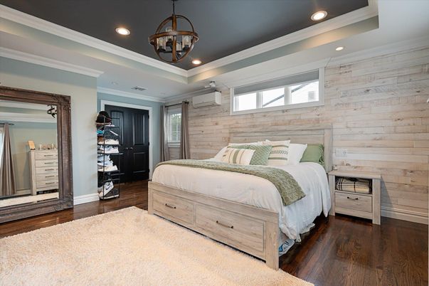 Bedroom, Interior, Pendant Lights, Recessed Lighting, Wood Texture Flooring, Wooden Walls