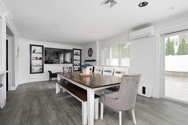 Dining room, Interior, Recessed Lighting, Wood Texture Flooring