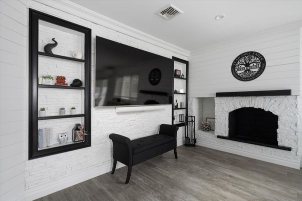 Fireplace, Interior, Recessed Lighting, Wood Texture Flooring
