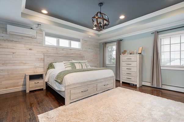 Bedroom, Interior, Pendant Lights, Recessed Lighting, Wood Texture Flooring