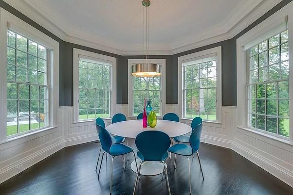 Dining room, Interior, Pendant Lights, Wood Texture Flooring
