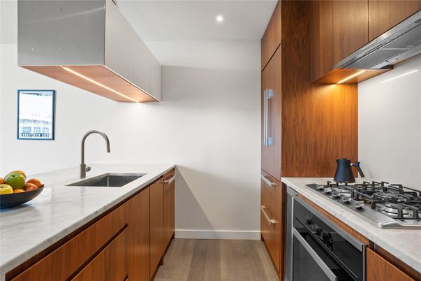 Interior, Kitchen, Recessed Lighting, Stainless Steel Appliances, Wood Texture Flooring