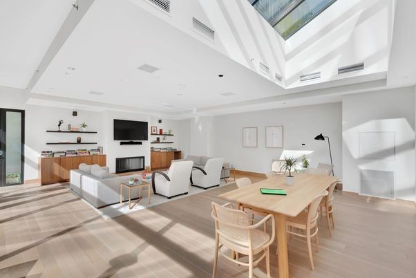 Dining room, Interior, Living room, Recessed Lighting, Wood Texture Flooring