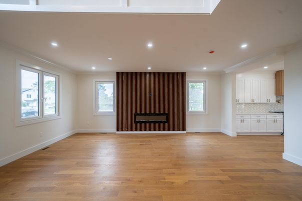 Empty room, Fireplace, Interior, Recessed Lighting, Wood Texture Flooring