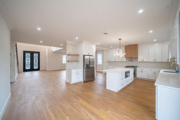 Chandelier, Interior, Kitchen, Pendant Lights, Recessed Lighting, Stainless Steel Appliances, Wood Texture Flooring