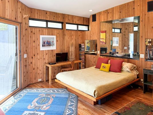 Bedroom, Home Office, Interior, Recessed Lighting, Wood Texture Flooring, Wooden Walls