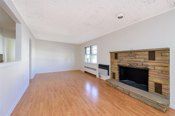 Empty room, Fireplace, Interior, Stone Walls, Wood Texture Flooring