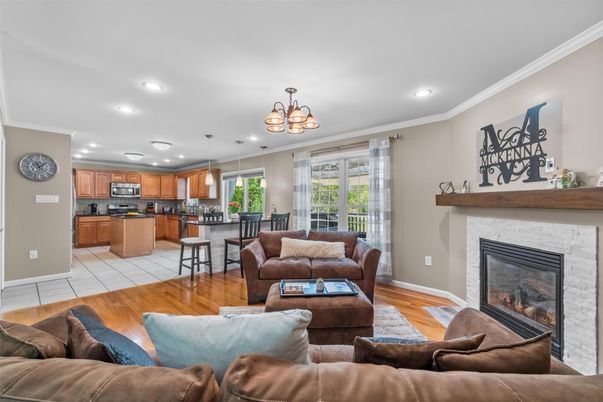Dining room, Fireplace, Interior, Kitchen, Living room, Pendant Lights, Recessed Lighting, Wood Texture Flooring