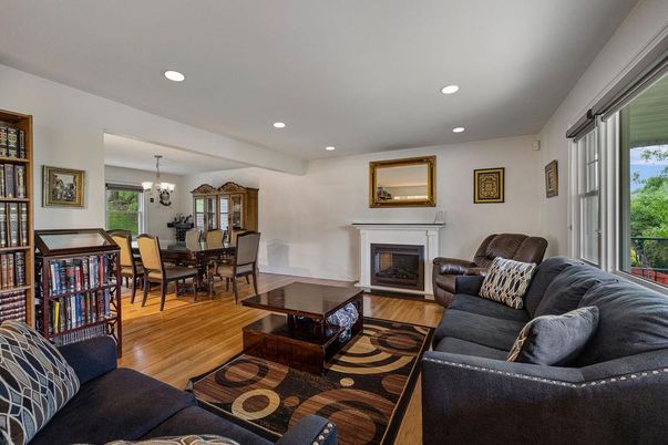 Chandelier, Dining room, Fireplace, Interior, Living room, Recessed Lighting, Wood Texture Flooring