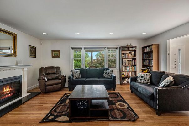 Fireplace, Interior, Living room, Recessed Lighting, Wood Texture Flooring